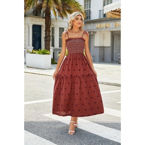 Women Floral Embroidered Maxi Dress Seersucker Smocked Casual Evening - Picture 3 of 6